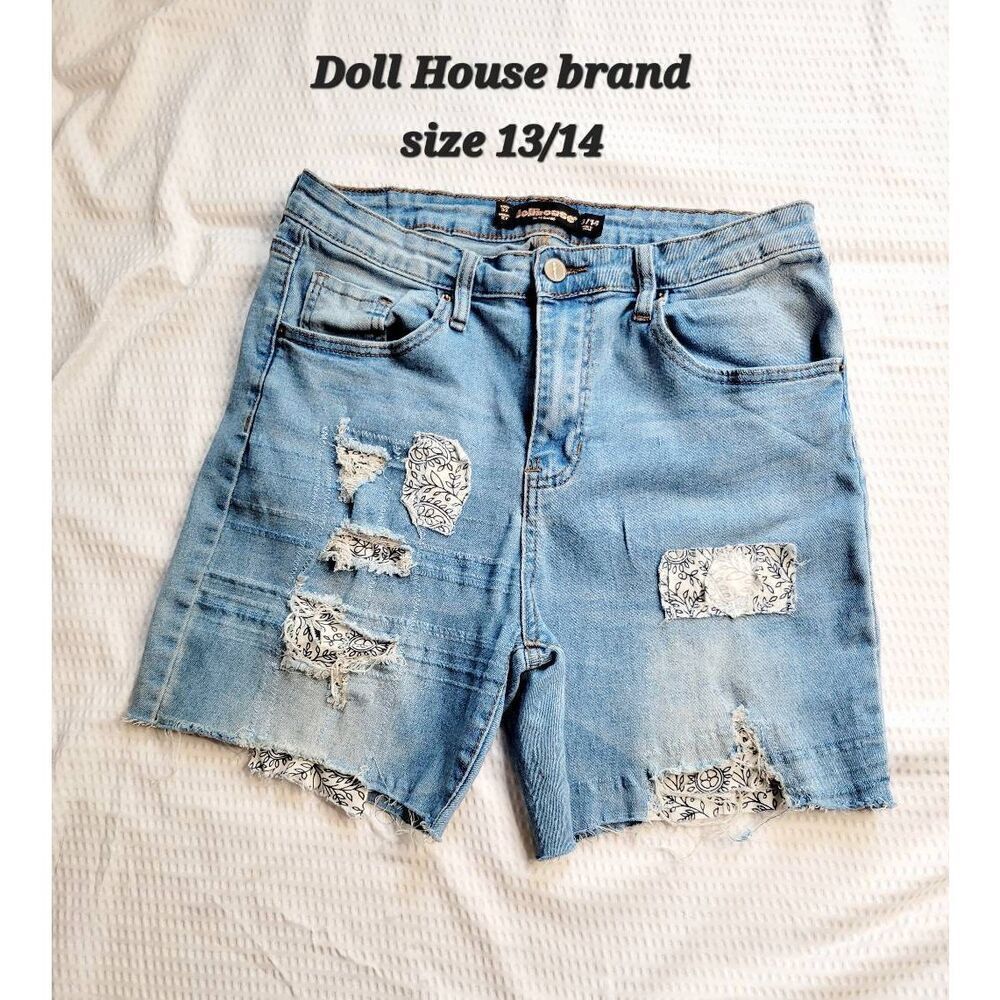 Boho Hippie Reworked denim jean shorts 13/14 dollhouse repurposed distressed